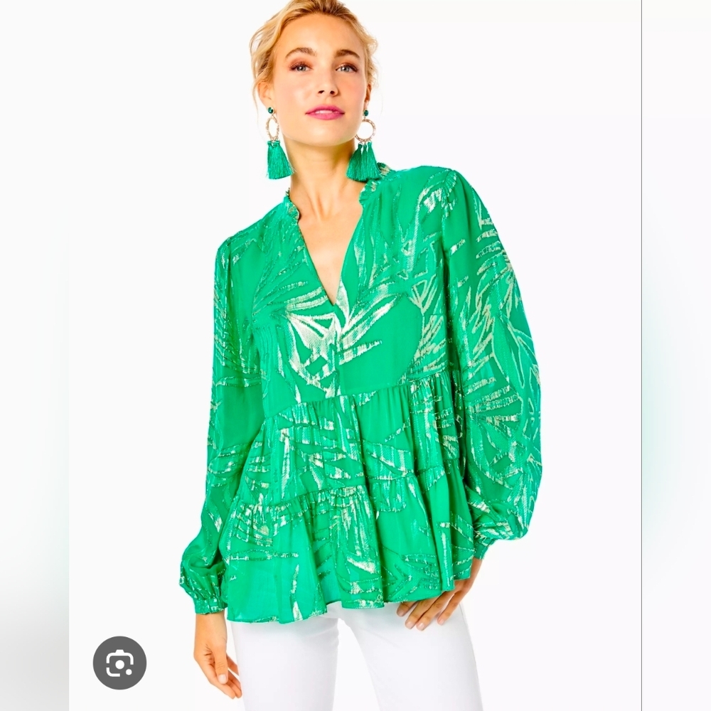Lilly Pulitzer Sarita Silk Top Botanical Green Palm Leaf Silk Clip Chiffon SZ 4